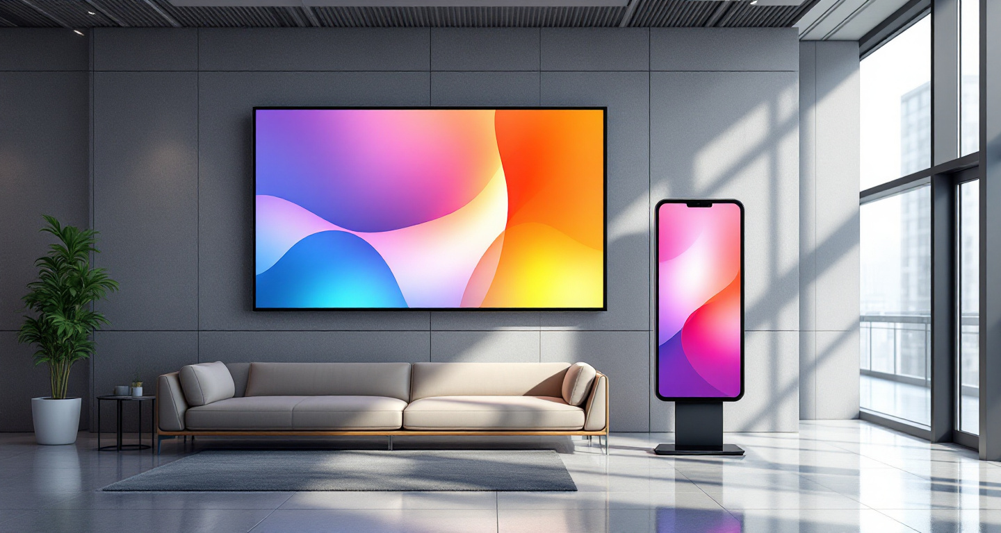 A lobby with a wall-mounted digital signage display and a freestanding portrait screen
